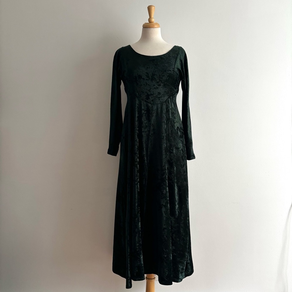 Vintage 1990s ALL THAT JAZZ Dark Green Crushed Velvet Midi Dress / 8